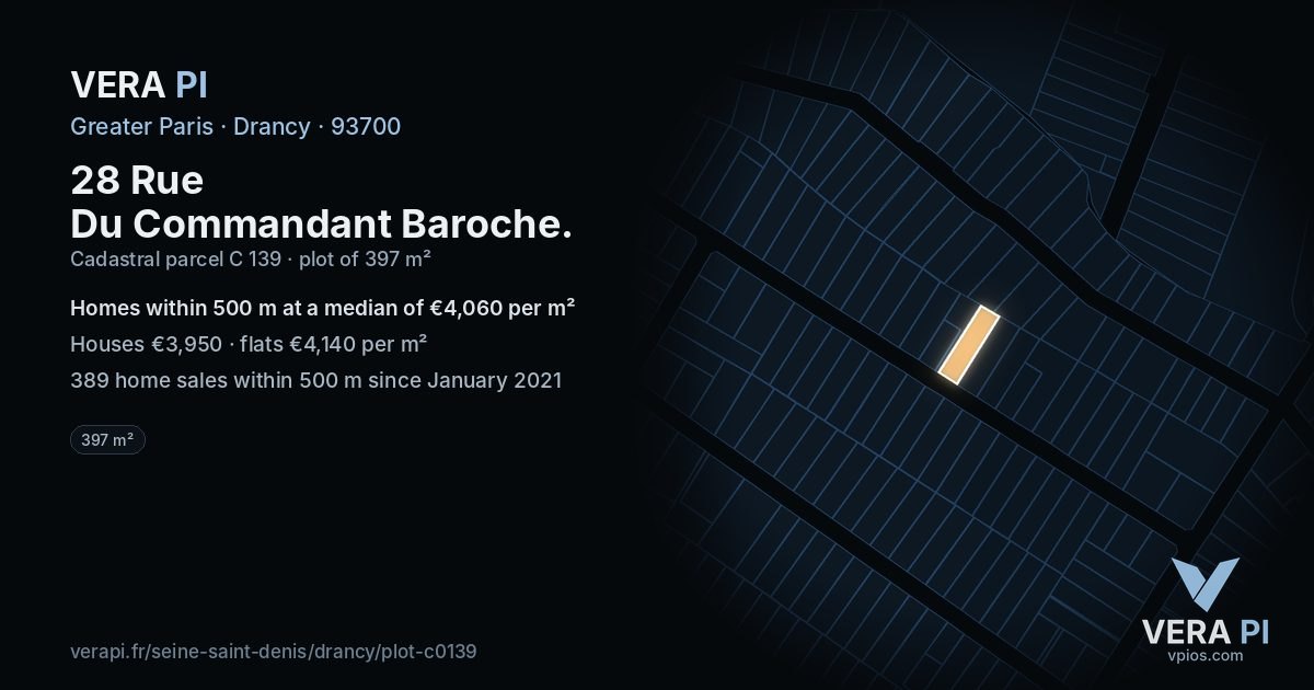 28 Rue Du Commandant Baroche, Drancy at night – the plot lit, the parcels around coloured by the prices near them