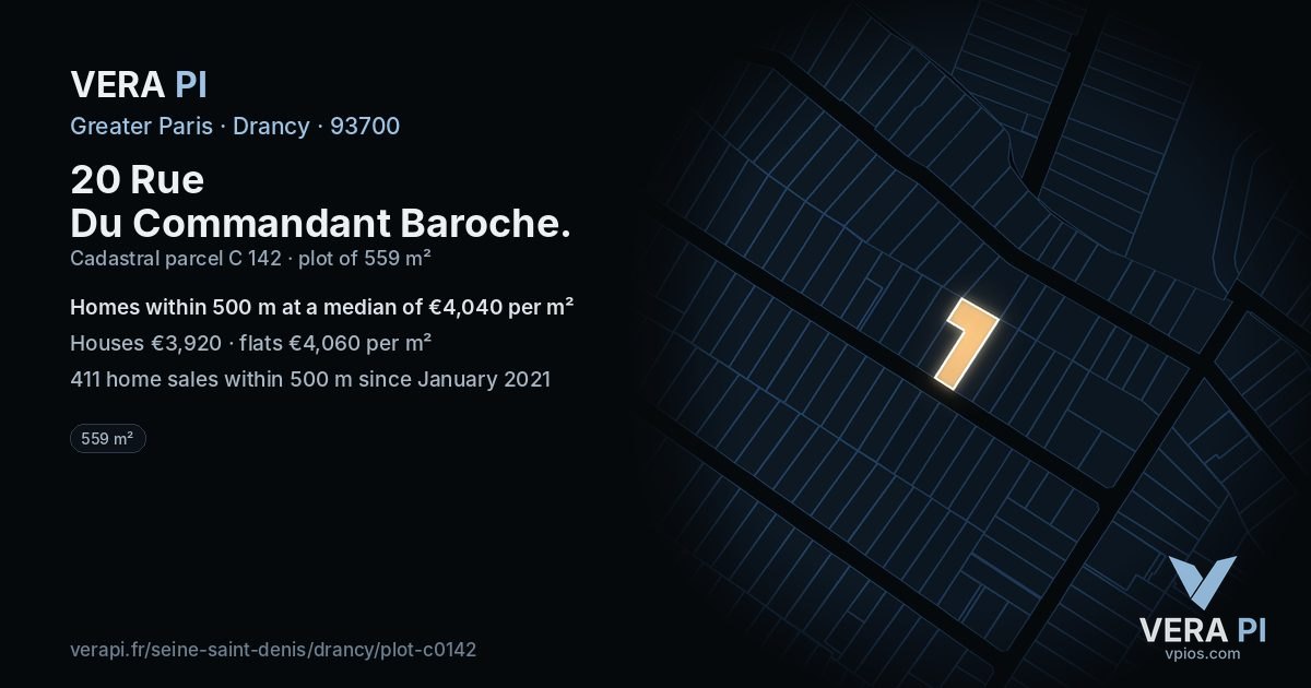 20 Rue Du Commandant Baroche, Drancy at night – the plot lit, the parcels around coloured by the prices near them