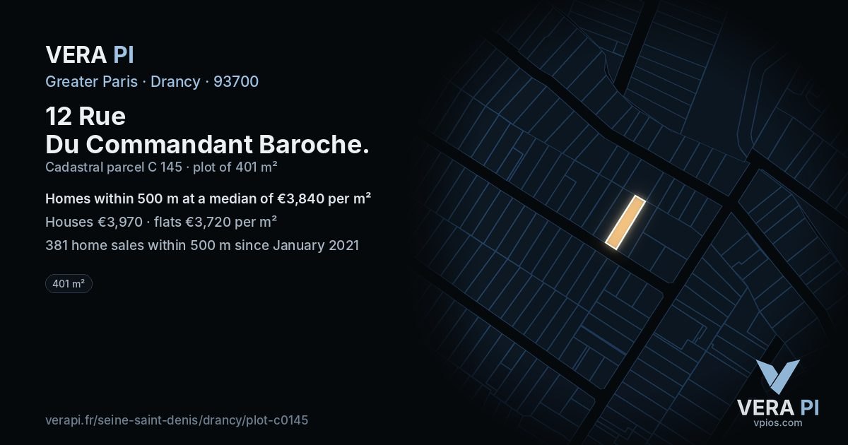 12 Rue Du Commandant Baroche, Drancy at night – the plot lit, the parcels around coloured by the prices near them