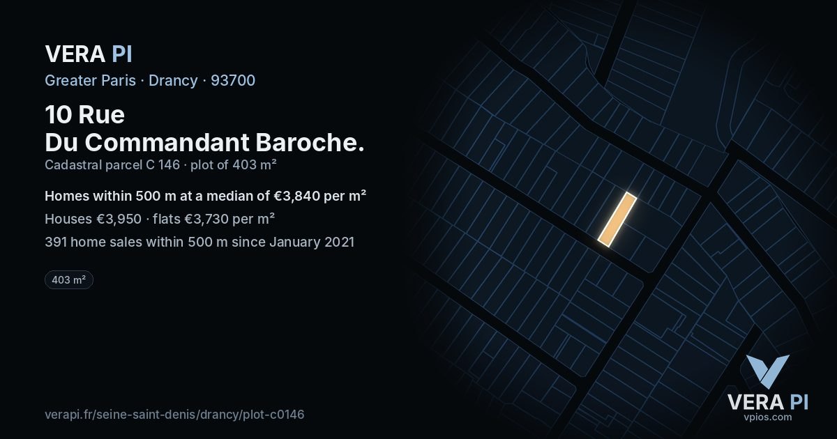 10 Rue Du Commandant Baroche, Drancy at night – the plot lit, the parcels around coloured by the prices near them