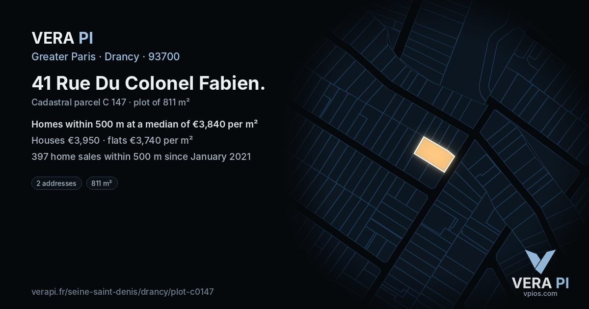 41 Rue Du Colonel Fabien, Drancy at night – the plot lit, the parcels around coloured by the prices near them