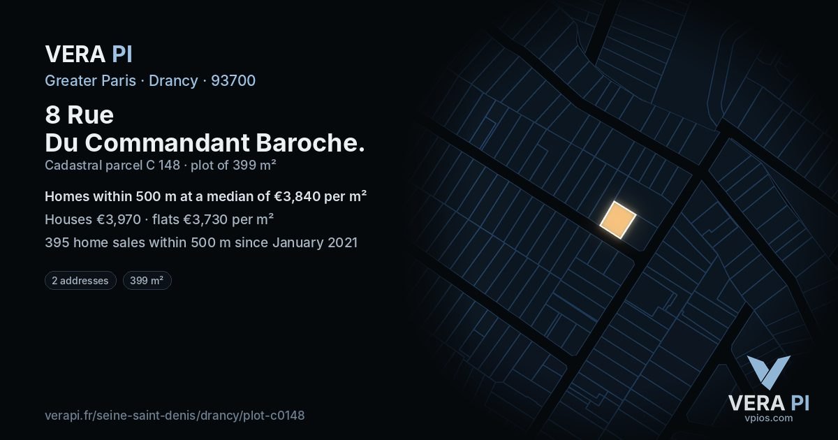 8 Rue Du Commandant Baroche, Drancy at night – the plot lit, the parcels around coloured by the prices near them