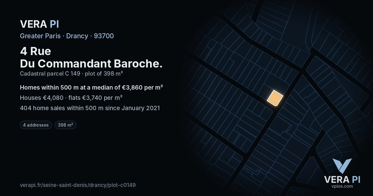 4 Rue Du Commandant Baroche, Drancy at night – the plot lit, the parcels around coloured by the prices near them