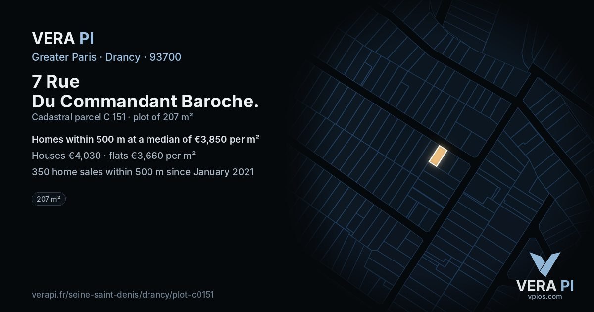 7 Rue Du Commandant Baroche, Drancy at night – the plot lit, the parcels around coloured by the prices near them