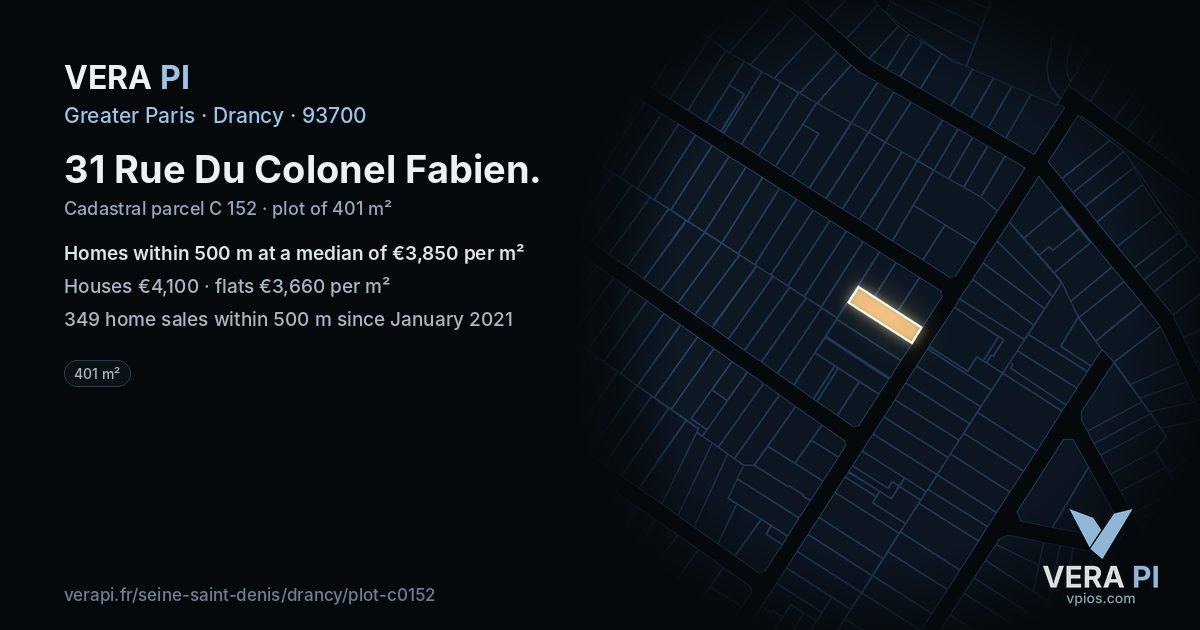 31 Rue Du Colonel Fabien, Drancy at night – the plot lit, the parcels around coloured by the prices near them