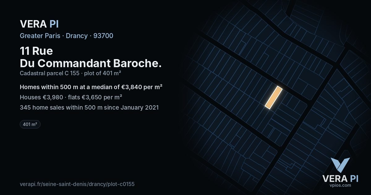 11 Rue Du Commandant Baroche, Drancy at night – the plot lit, the parcels around coloured by the prices near them