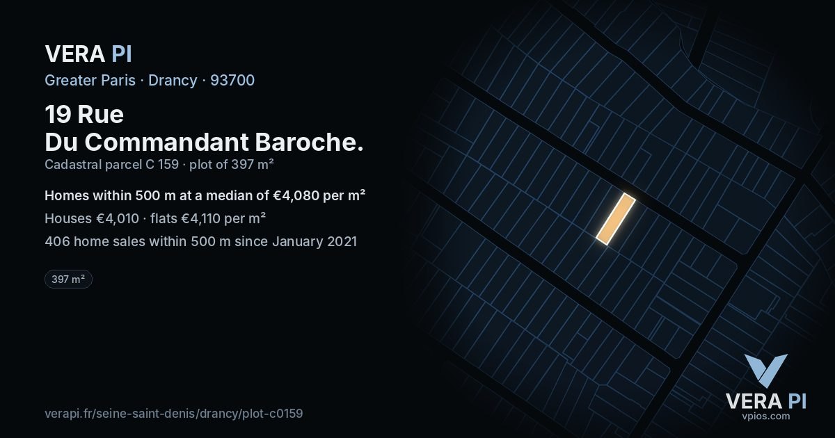 19 Rue Du Commandant Baroche, Drancy at night – the plot lit, the parcels around coloured by the prices near them