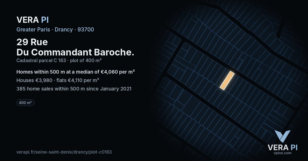 29 Rue Du Commandant Baroche, Drancy at night – the plot lit, the parcels around coloured by the prices near them