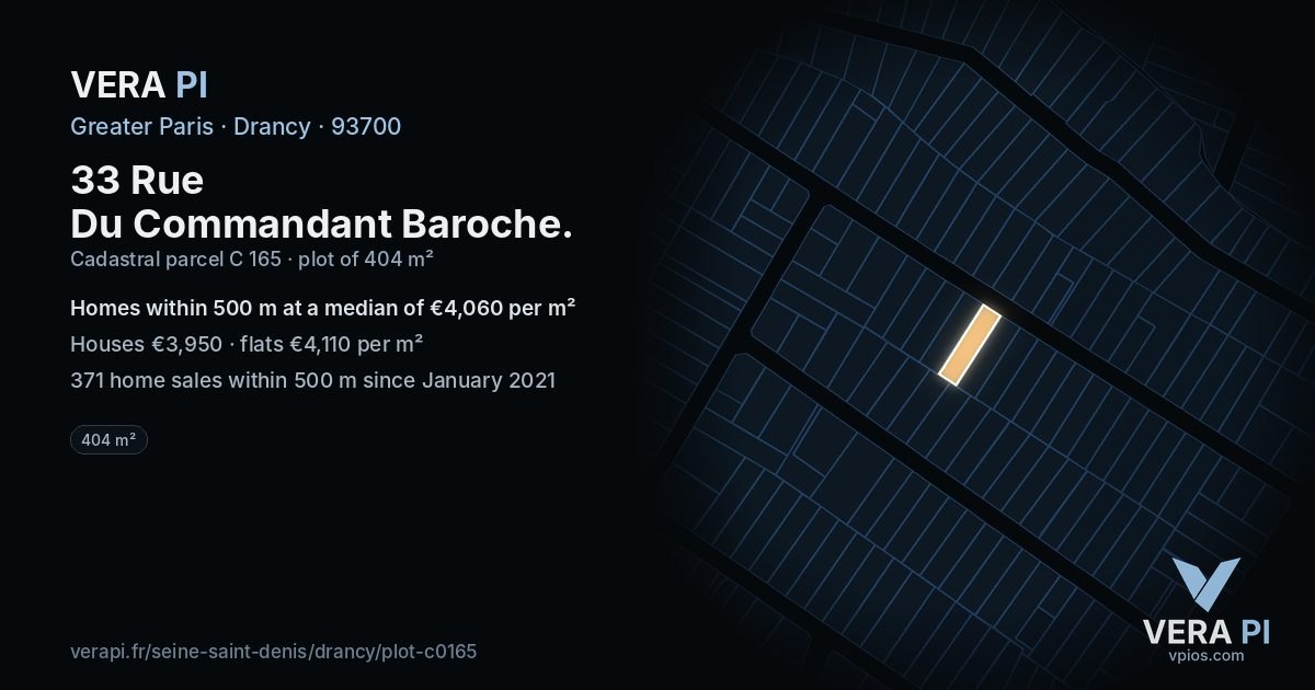 33 Rue Du Commandant Baroche, Drancy at night – the plot lit, the parcels around coloured by the prices near them