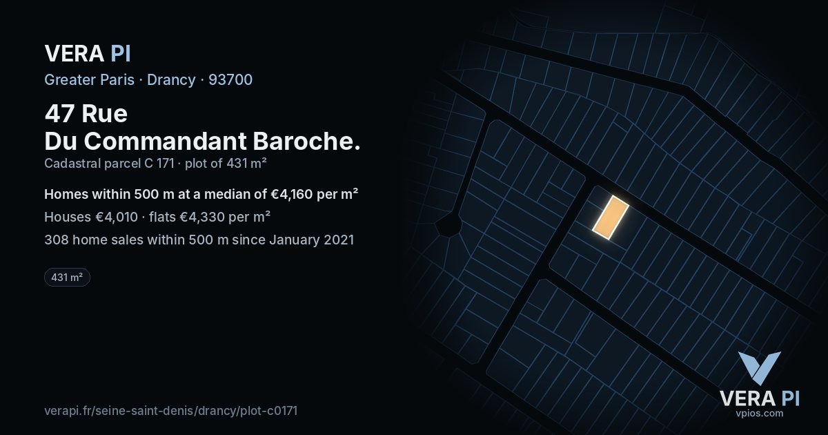 47 Rue Du Commandant Baroche, Drancy at night – the plot lit, the parcels around coloured by the prices near them