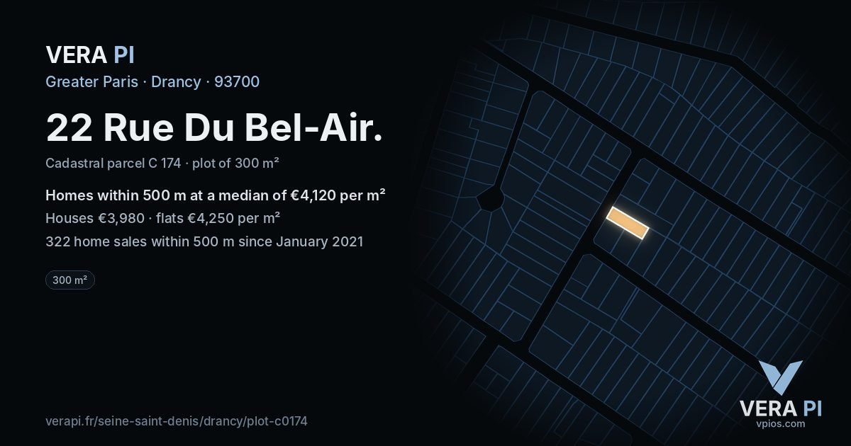 22 Rue Du Bel-Air, Drancy at night – the plot lit, the parcels around coloured by the prices near them