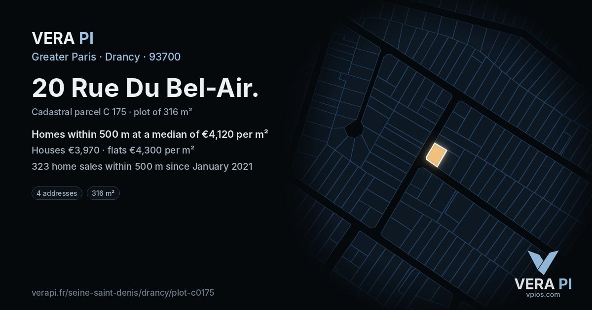 20 Rue Du Bel-Air, Drancy at night – the plot lit, the parcels around coloured by the prices near them