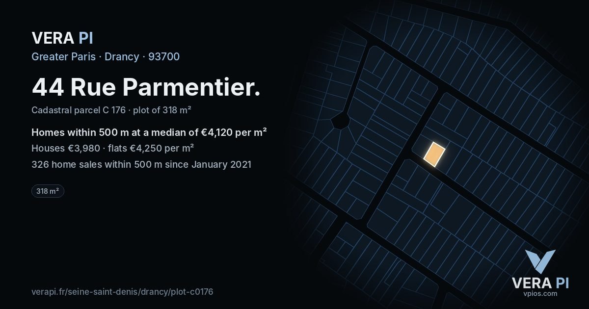 44 Rue Parmentier, Drancy at night – the plot lit, the parcels around coloured by the prices near them