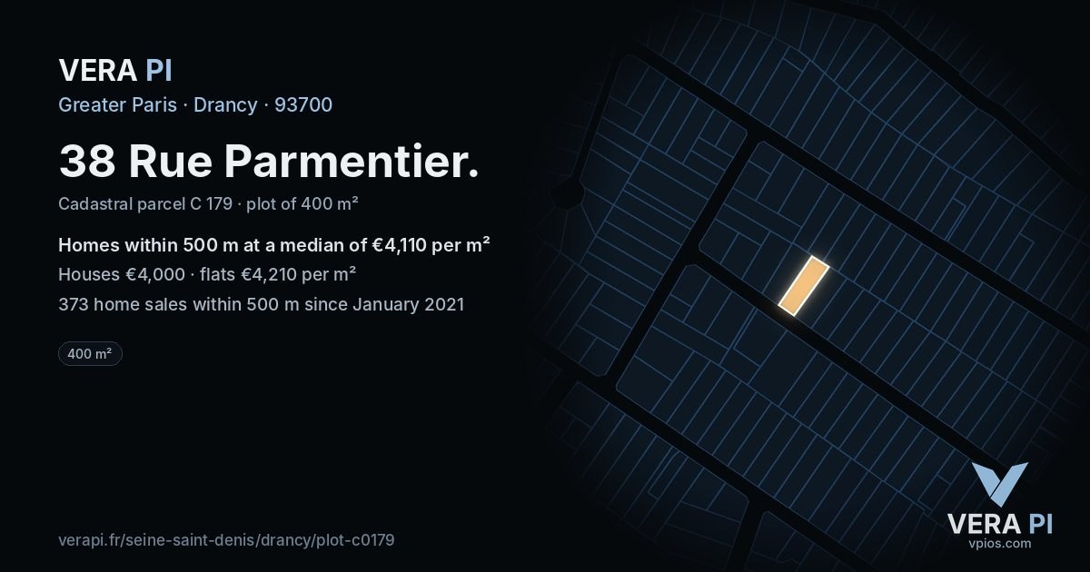 38 Rue Parmentier, Drancy at night – the plot lit, the parcels around coloured by the prices near them