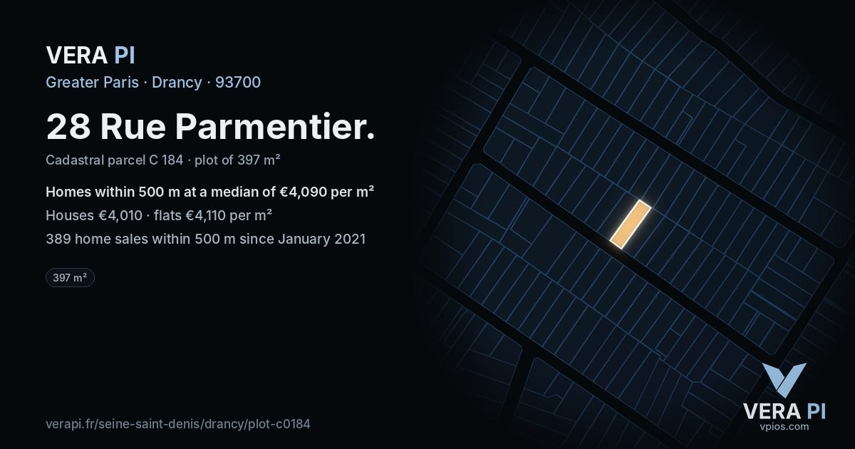 28 Rue Parmentier, Drancy at night – the plot lit, the parcels around coloured by the prices near them