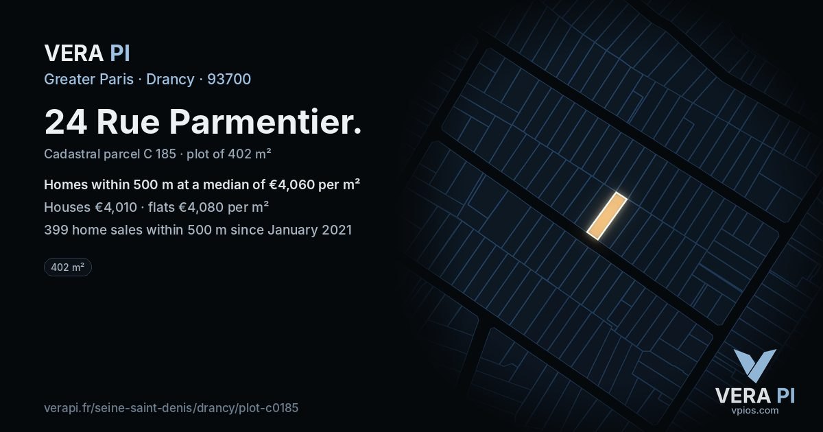24 Rue Parmentier, Drancy at night – the plot lit, the parcels around coloured by the prices near them