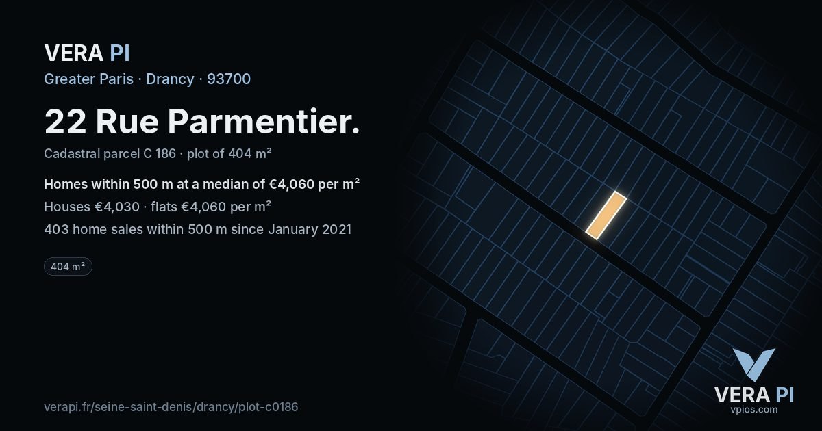 22 Rue Parmentier, Drancy at night – the plot lit, the parcels around coloured by the prices near them