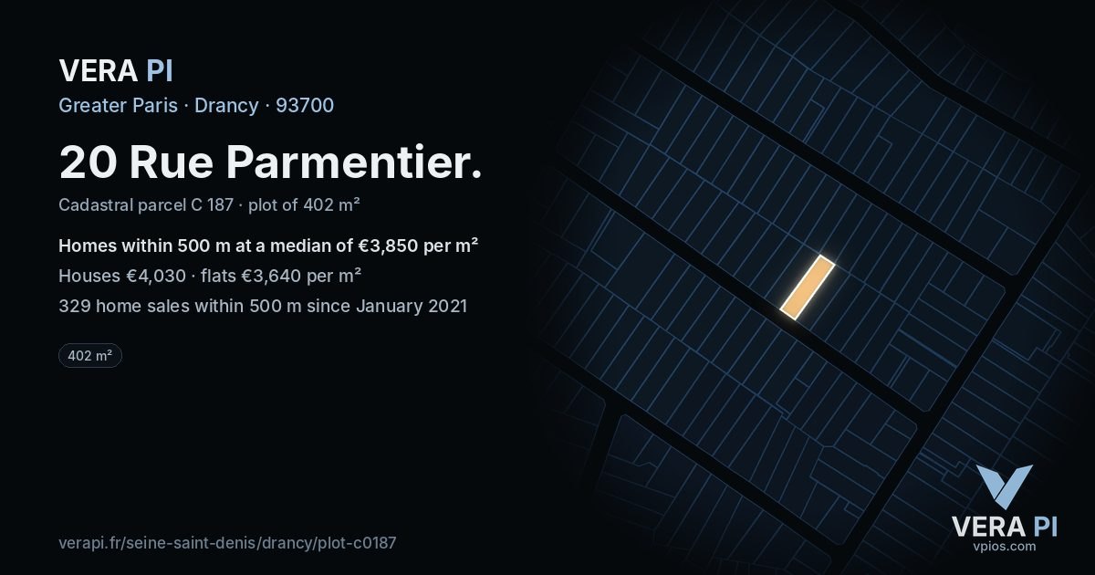 20 Rue Parmentier, Drancy at night – the plot lit, the parcels around coloured by the prices near them