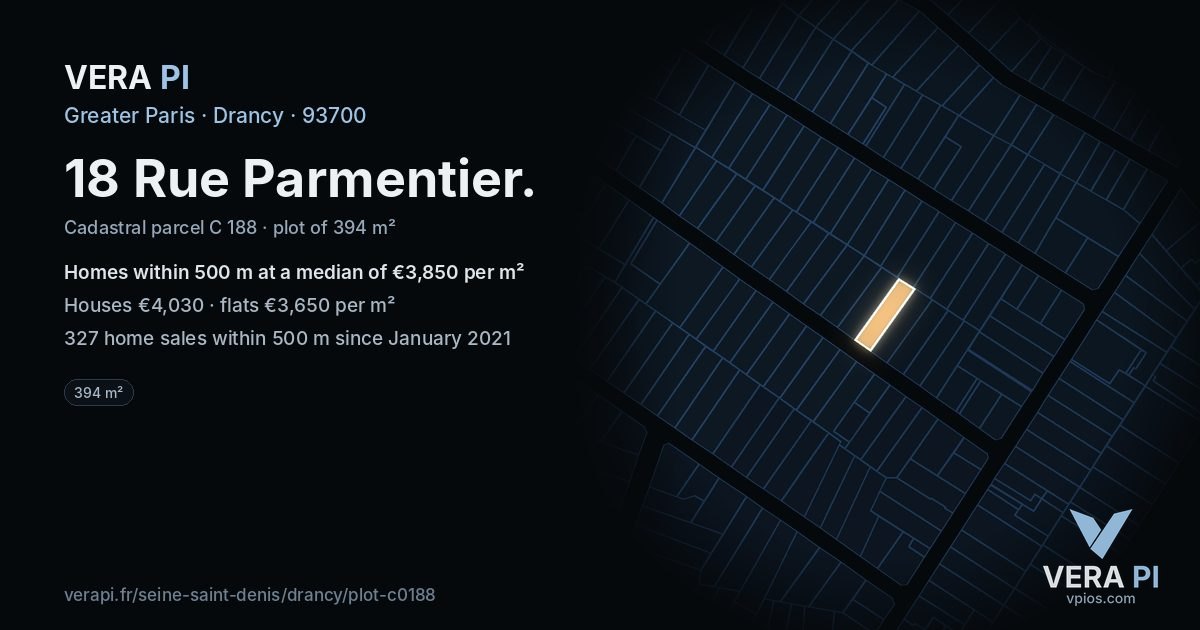 18 Rue Parmentier, Drancy at night – the plot lit, the parcels around coloured by the prices near them