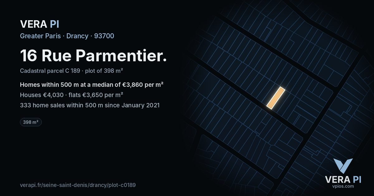 16 Rue Parmentier, Drancy at night – the plot lit, the parcels around coloured by the prices near them