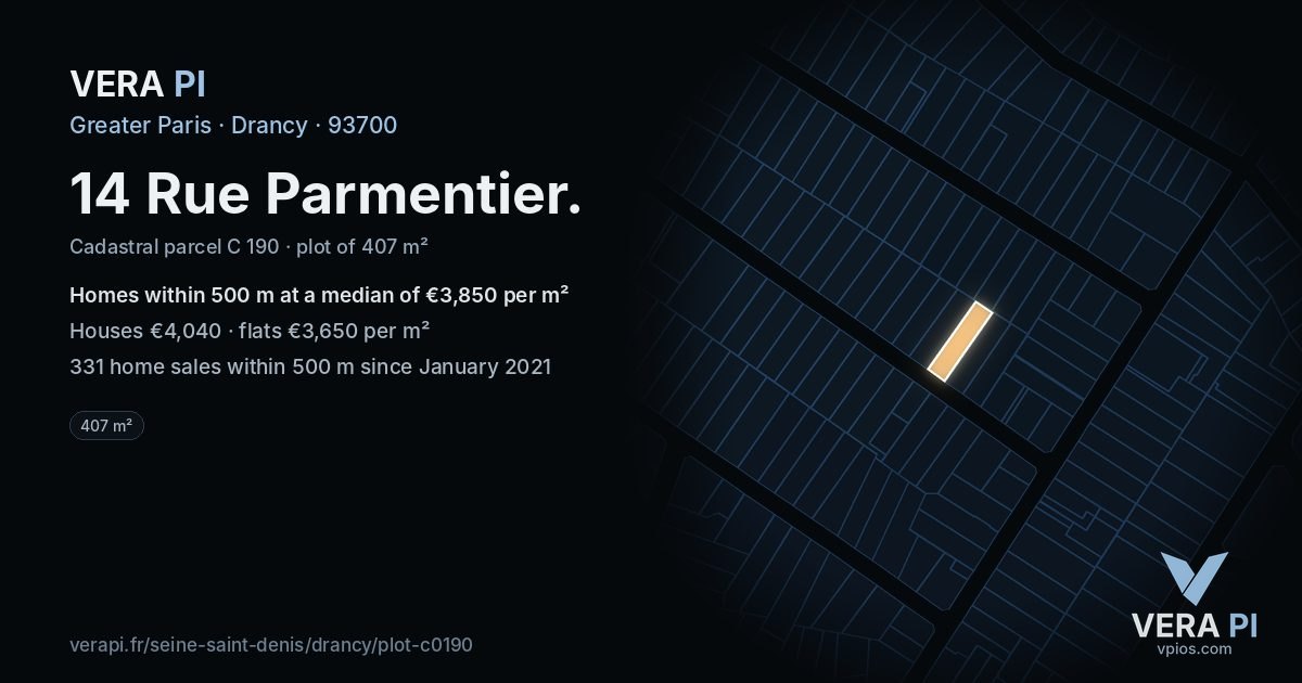 14 Rue Parmentier, Drancy at night – the plot lit, the parcels around coloured by the prices near them