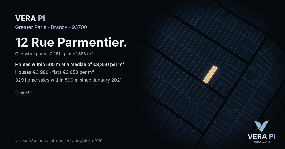 12 Rue Parmentier, Drancy at night – the plot lit, the parcels around coloured by the prices near them