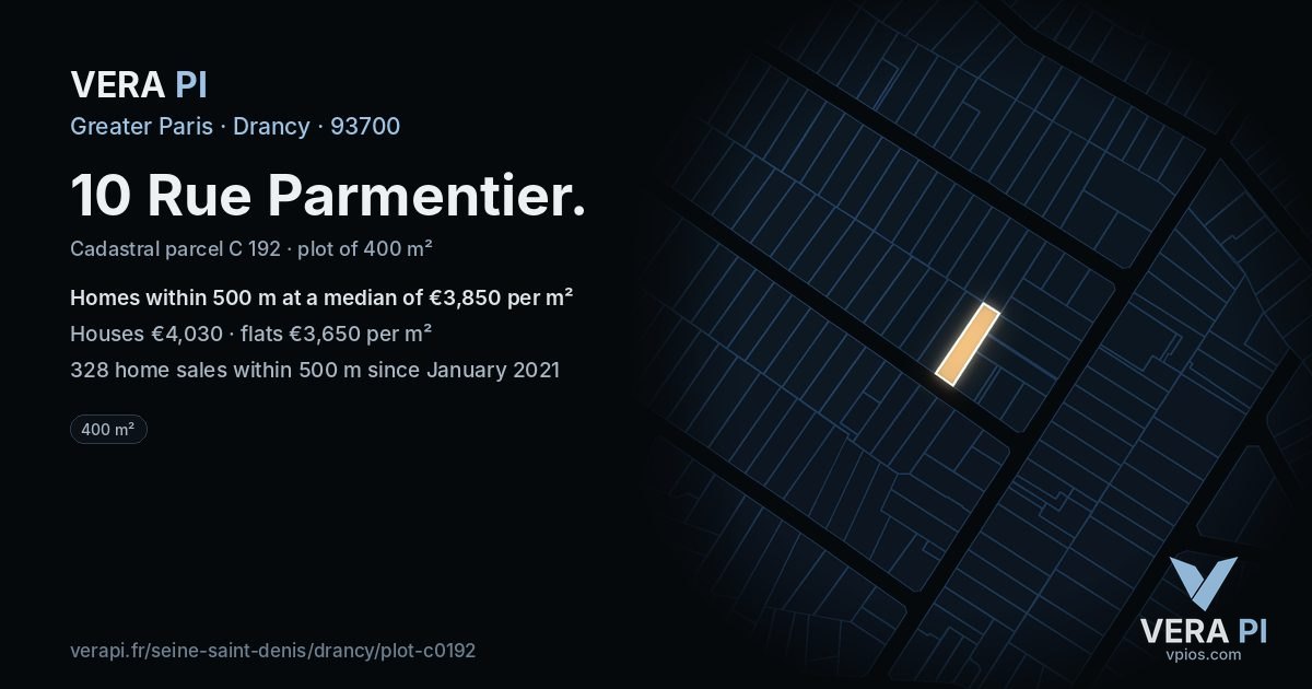 10 Rue Parmentier, Drancy at night – the plot lit, the parcels around coloured by the prices near them