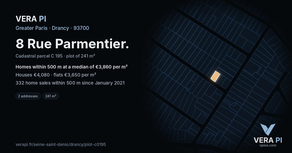 8 Rue Parmentier, Drancy at night – the plot lit, the parcels around coloured by the prices near them