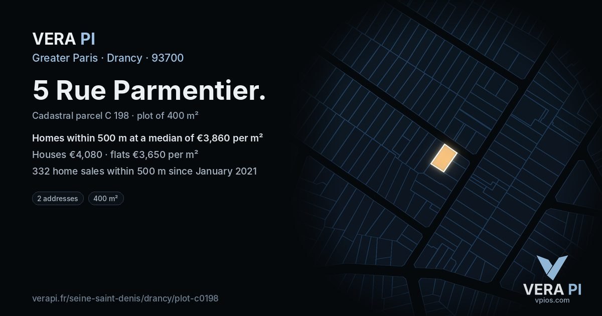 5 Rue Parmentier, Drancy at night – the plot lit, the parcels around coloured by the prices near them