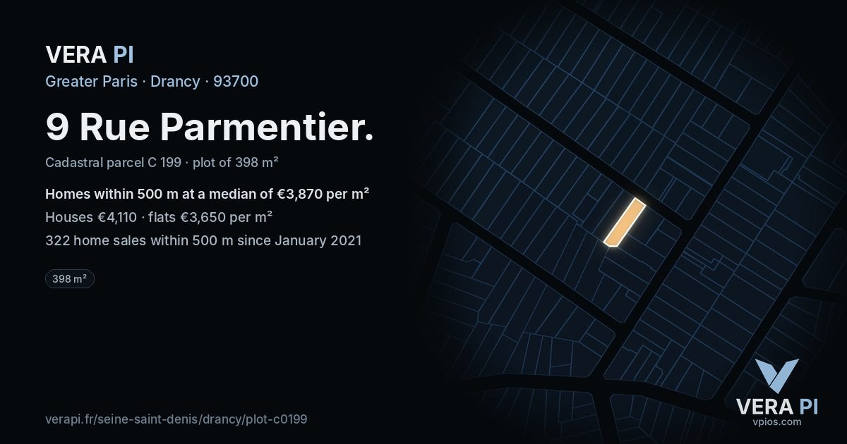 9 Rue Parmentier, Drancy at night – the plot lit, the parcels around coloured by the prices near them