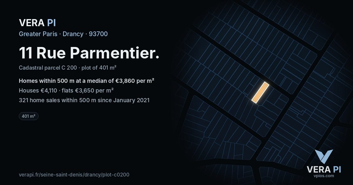 11 Rue Parmentier, Drancy at night – the plot lit, the parcels around coloured by the prices near them