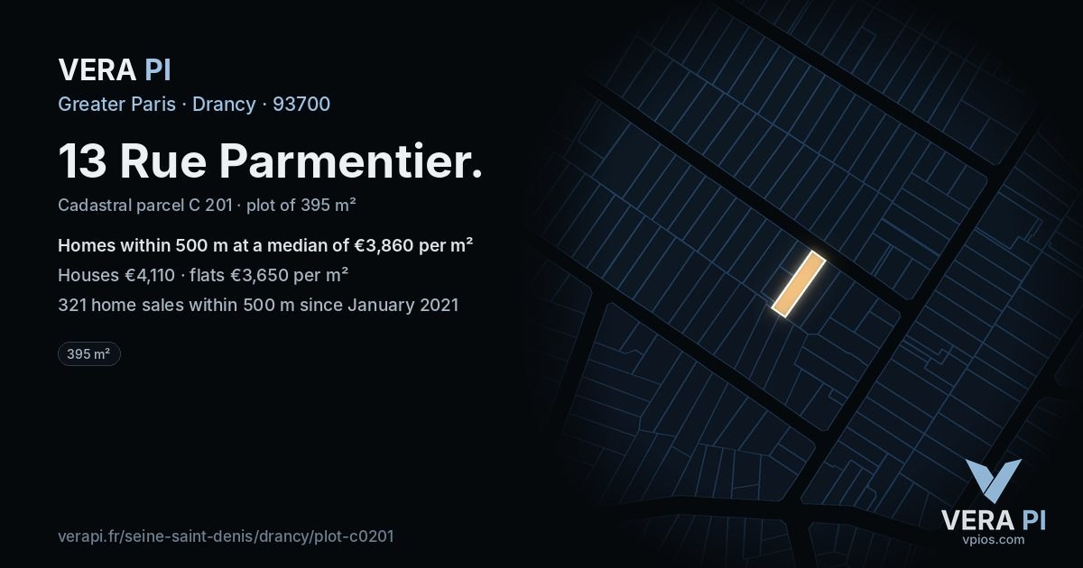 13 Rue Parmentier, Drancy at night – the plot lit, the parcels around coloured by the prices near them