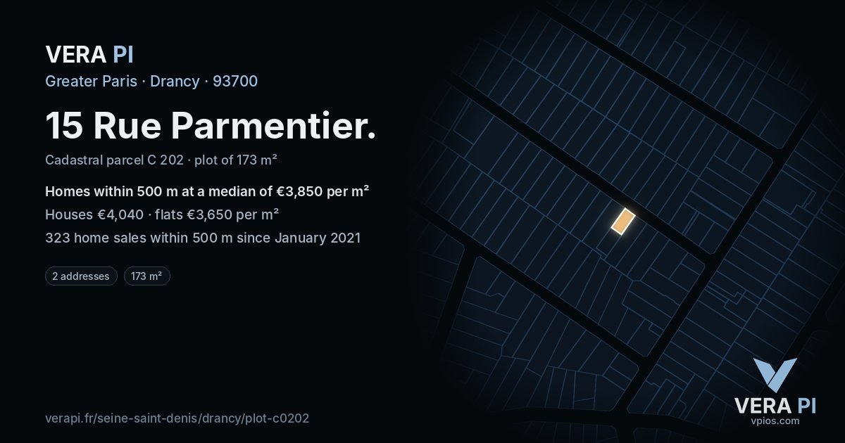 15 Rue Parmentier, Drancy at night – the plot lit, the parcels around coloured by the prices near them