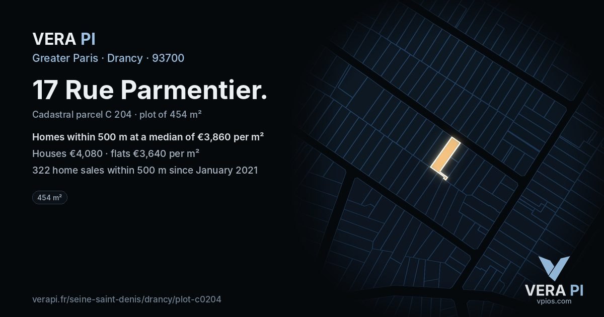 17 Rue Parmentier, Drancy at night – the plot lit, the parcels around coloured by the prices near them