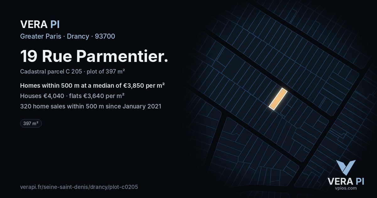 19 Rue Parmentier, Drancy at night – the plot lit, the parcels around coloured by the prices near them
