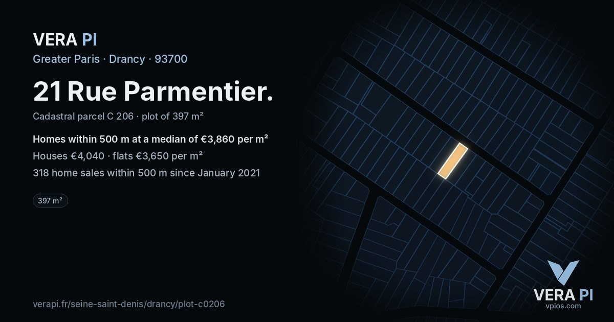 21 Rue Parmentier, Drancy at night – the plot lit, the parcels around coloured by the prices near them