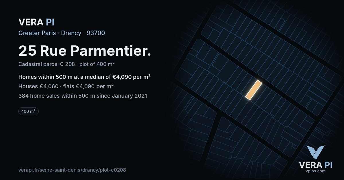 25 Rue Parmentier, Drancy at night – the plot lit, the parcels around coloured by the prices near them