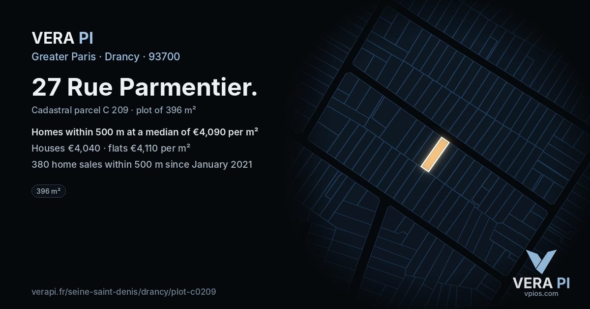 27 Rue Parmentier, Drancy at night – the plot lit, the parcels around coloured by the prices near them