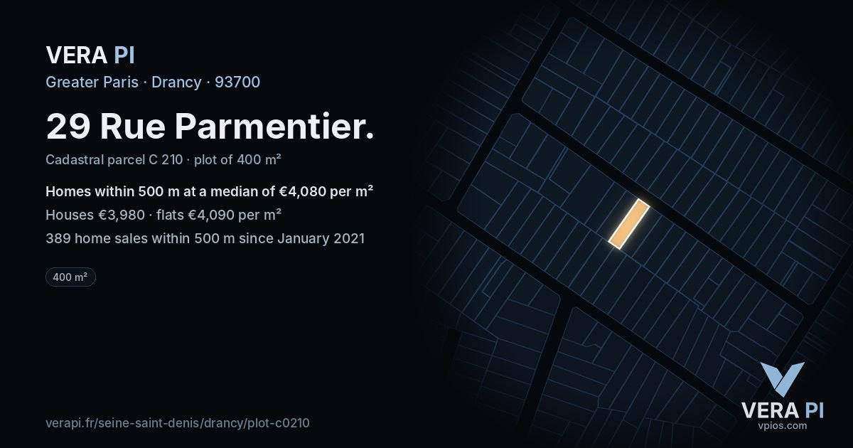 29 Rue Parmentier, Drancy at night – the plot lit, the parcels around coloured by the prices near them