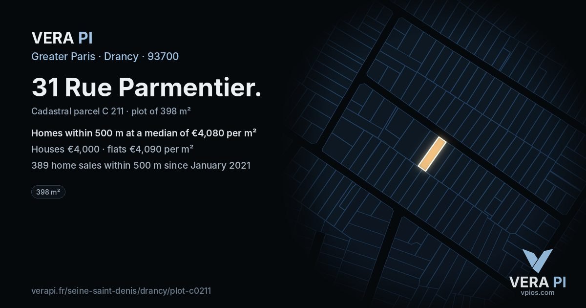31 Rue Parmentier, Drancy at night – the plot lit, the parcels around coloured by the prices near them