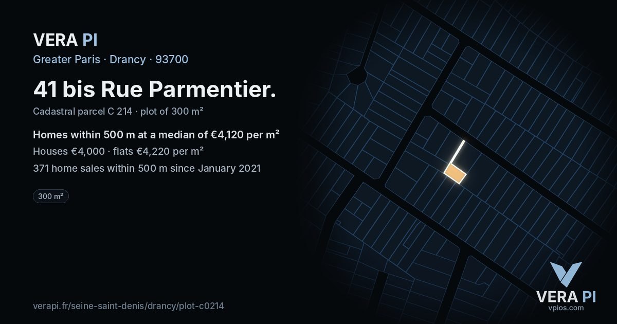 41 bis Rue Parmentier, Drancy at night – the plot lit, the parcels around coloured by the prices near them