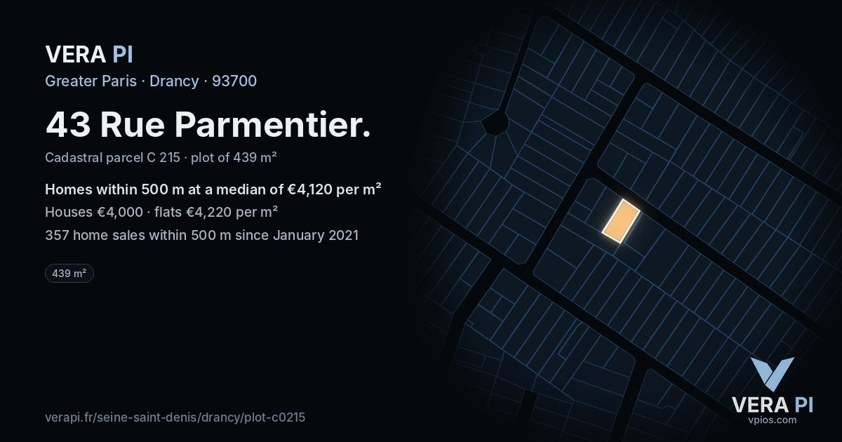 43 Rue Parmentier, Drancy at night – the plot lit, the parcels around coloured by the prices near them