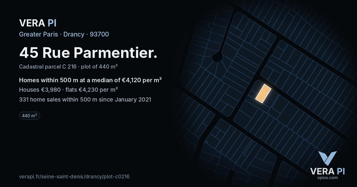 45 Rue Parmentier, Drancy at night – the plot lit, the parcels around coloured by the prices near them