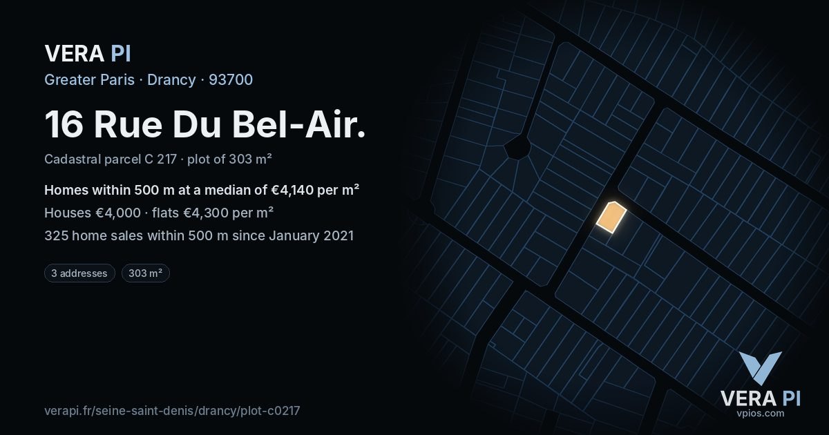 16 Rue Du Bel-Air, Drancy at night – the plot lit, the parcels around coloured by the prices near them