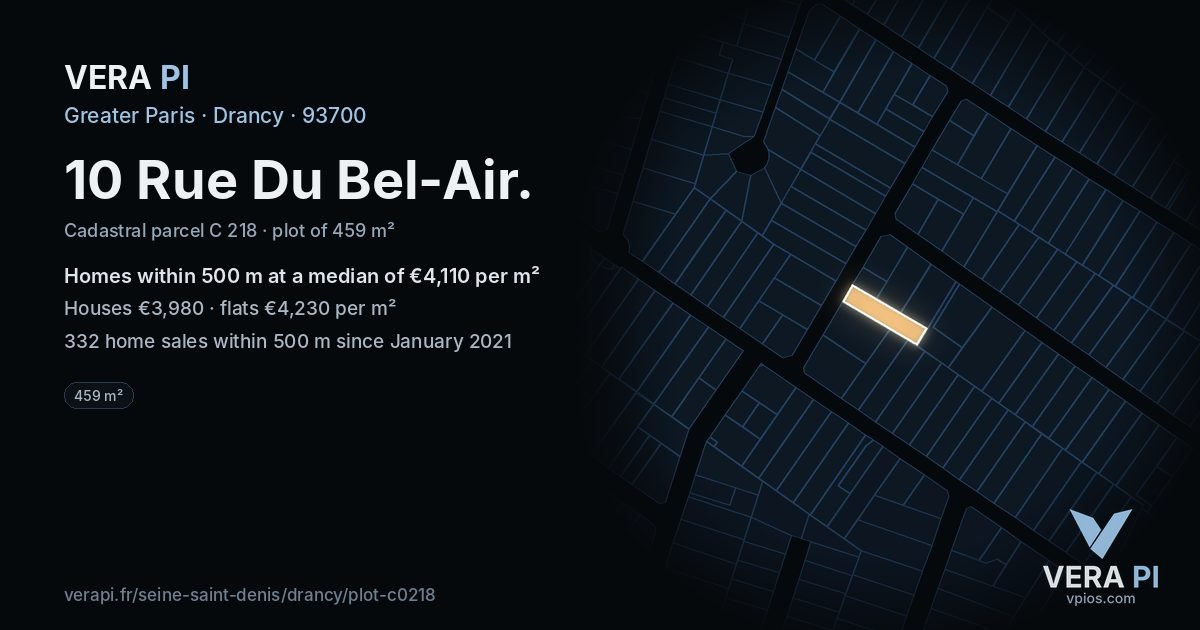 10 Rue Du Bel-Air, Drancy at night – the plot lit, the parcels around coloured by the prices near them