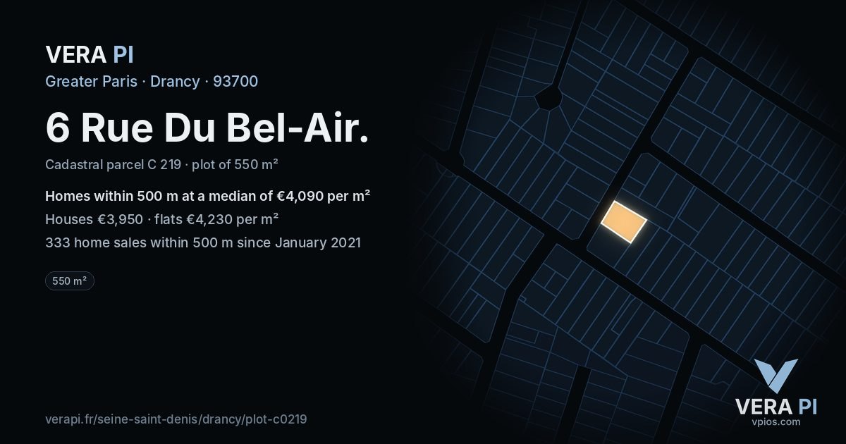 6 Rue Du Bel-Air, Drancy at night – the plot lit, the parcels around coloured by the prices near them