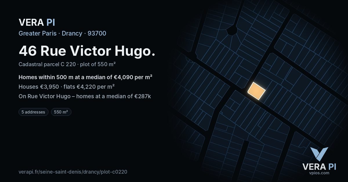46 Rue Victor Hugo, Drancy at night – the plot lit, the parcels around coloured by the prices near them