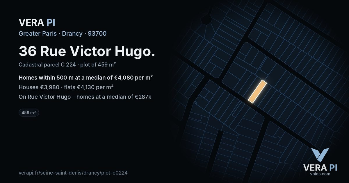 36 Rue Victor Hugo, Drancy at night – the plot lit, the parcels around coloured by the prices near them