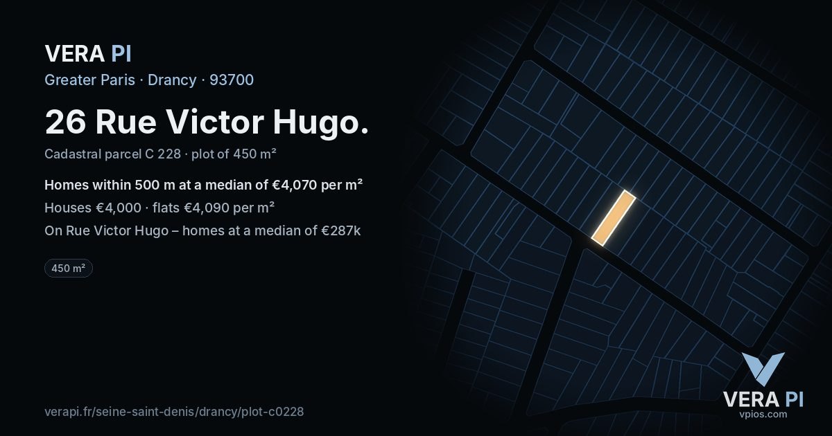 26 Rue Victor Hugo, Drancy at night – the plot lit, the parcels around coloured by the prices near them