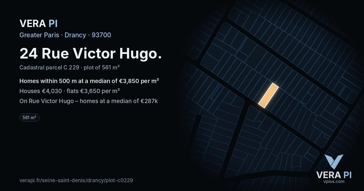 24 Rue Victor Hugo, Drancy at night – the plot lit, the parcels around coloured by the prices near them